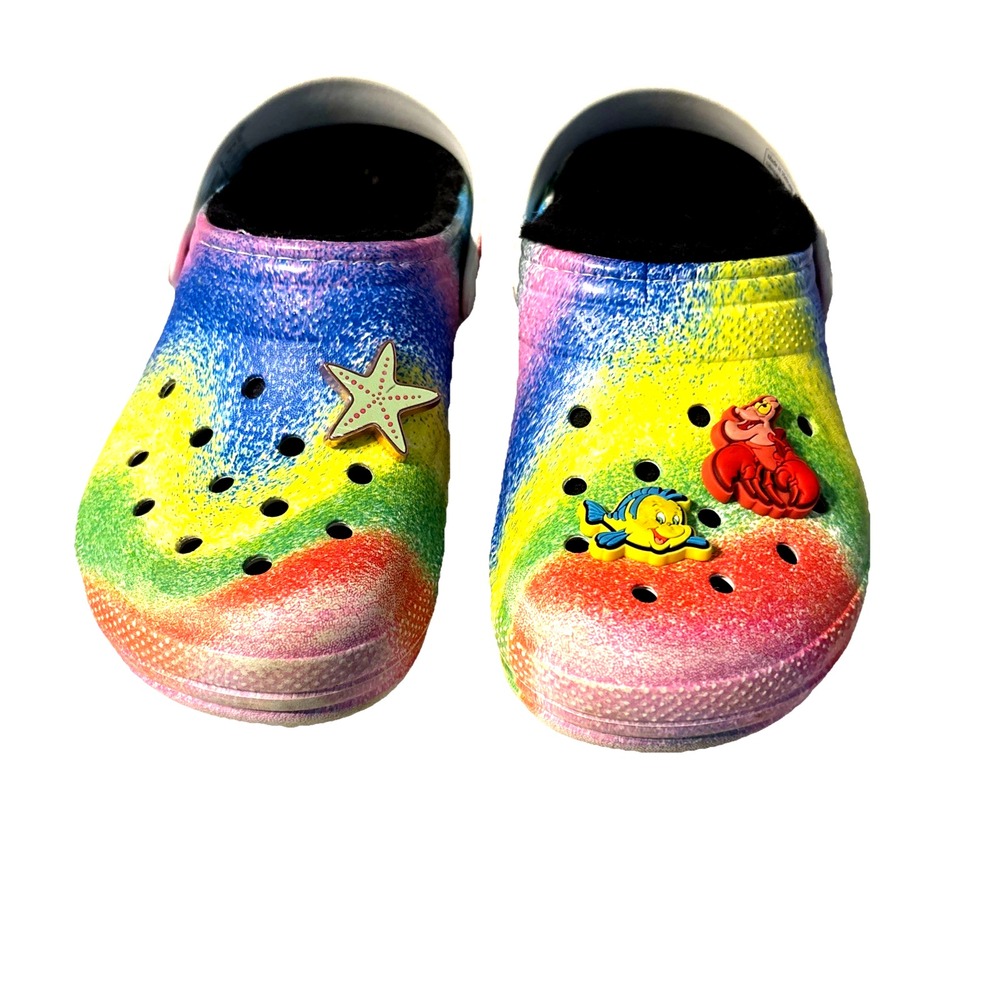 CROCS Classic Faux Fur Lined Tye Dye Spray Kids Size C12‎ Girls Mermaid Jibbitz